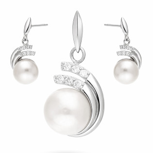 Komplet srebrnej biżuterii z perłą i cyrkoniami próba 925