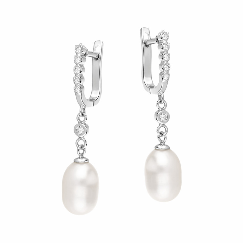 Kolczyki wiszące srebrne z owalną perłą i cyrkoniami próba 925