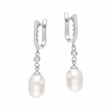 Kolczyki wiszące srebrne z owalną perłą i cyrkoniami próba 925