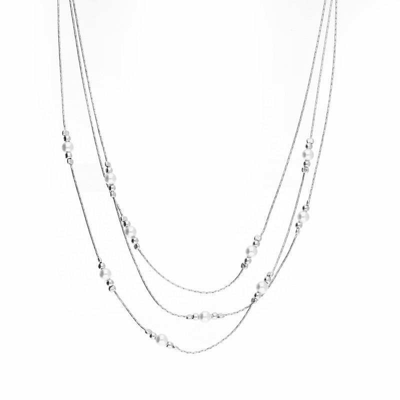 Naszyjnik srebrny z perłami i kulkami potrójny