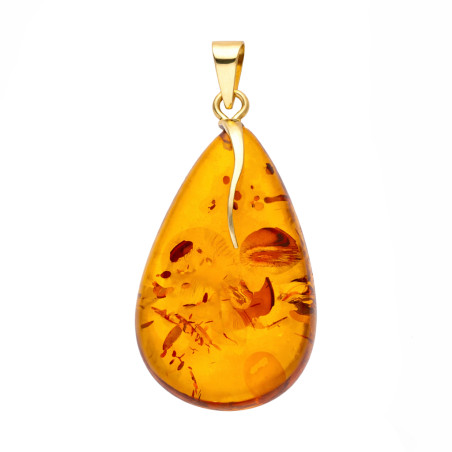 Wisior z naturalnego bursztynu łezka, koluszko ze złota 585