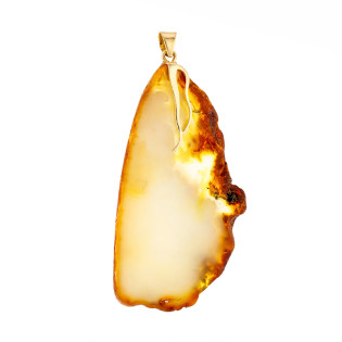 Wisior z bursztynem mleczno-miodowym plaster, koluszko do zawieszania ze złota 585