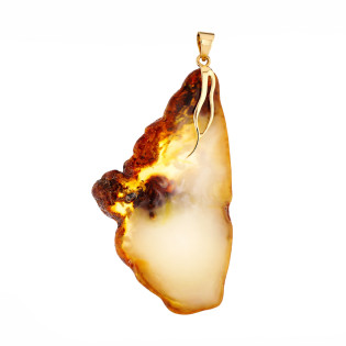 Wisior z bursztynem mleczno-miodowym plaster, koluszko do zawieszania ze złota 585