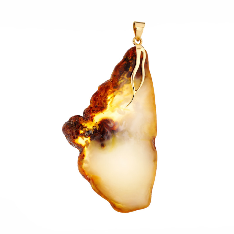 Wisior z bursztynem mleczno-miodowym plaster, koluszko do zawieszania ze złota 585