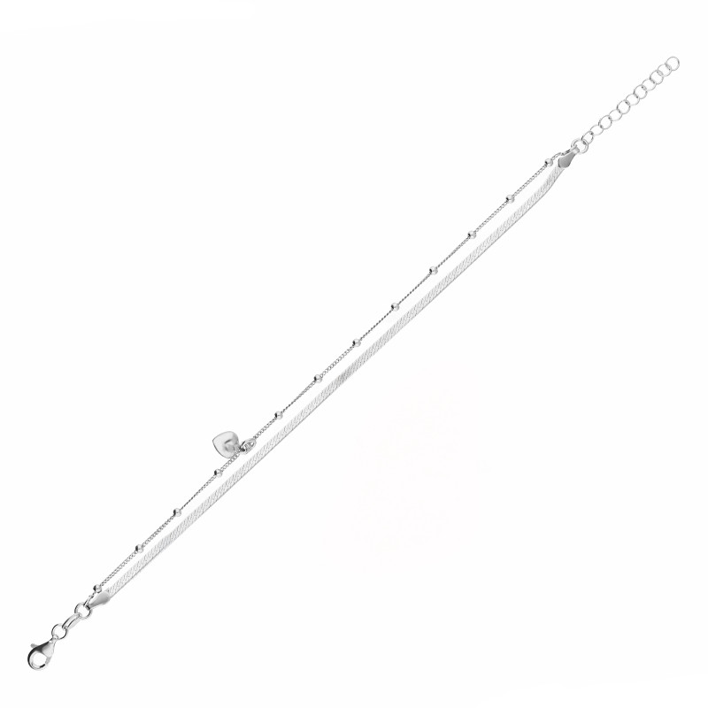 Bransoletka podwójna taśma i łańcuszek z kulkami i sercem dmuchanym srebro 925