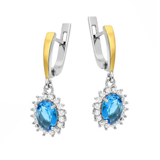Kolczyki srebrne z niebieską cyrkonią i złotą blaszką próba 925