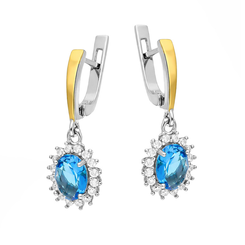 Kolczyki srebrne z niebieską cyrkonią i złotą blaszką próba 925