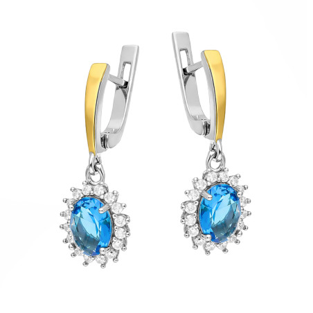 Kolczyki srebrne z niebieską cyrkonią i złotą blaszką próba 925