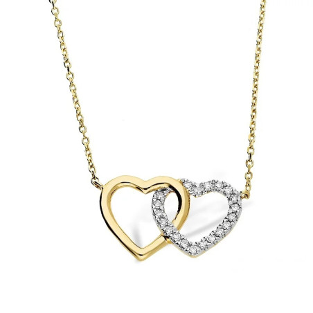 Naszyjnik z diamentami 0,05 ct, dwa złączone serca, złoto próby 585