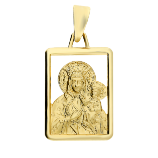 Medalik z Matką Boską Częstochowską z prostokątnej ramie, złoto próby 585