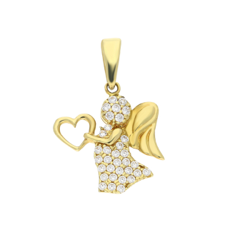 Medalik anioł z cyrkoniami z sercem, złoto próby 375