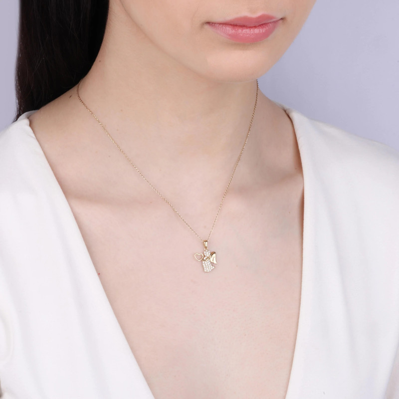 Medalik anioł z cyrkoniami z sercem, złoto próby 375