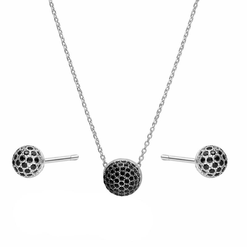 Komplet biżuterii naszyjnik i kolczyki kulka z czarnymi cyrkoniami
