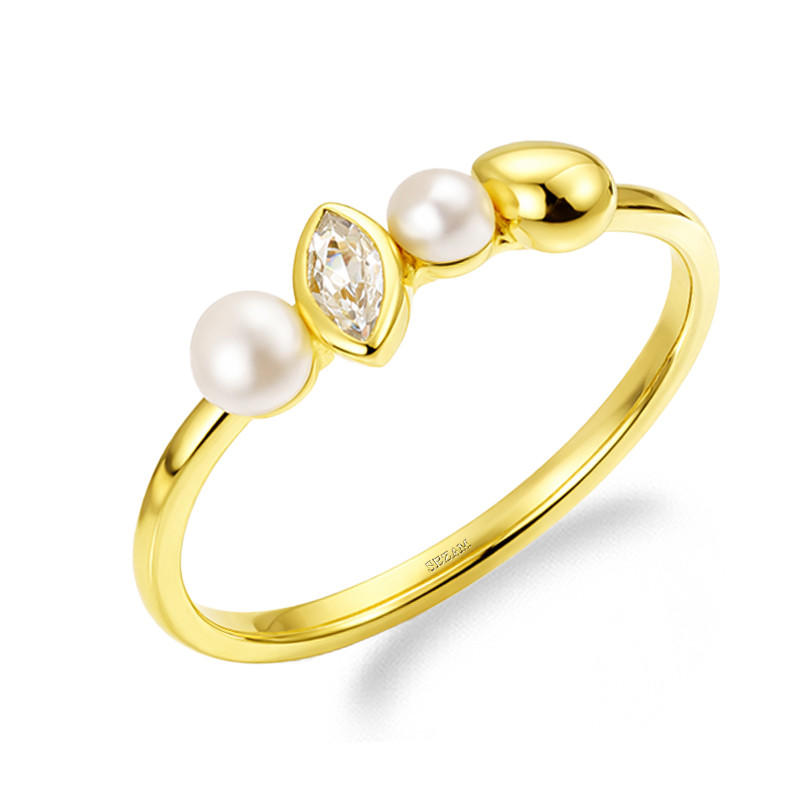 Pierścionek srebrny koloru złotego z cyrkonią i perłami