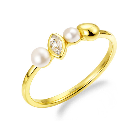 Pierścionek srebrny koloru złotego z cyrkonią i perłami