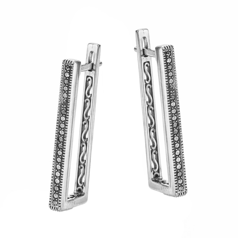 Kolczyki wiszące o prostokątnym przekroju srebro 925 z markazytami