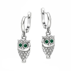 Kolczyki sowa oksydowana z oczami z cyrkonii zielonej srebro 925