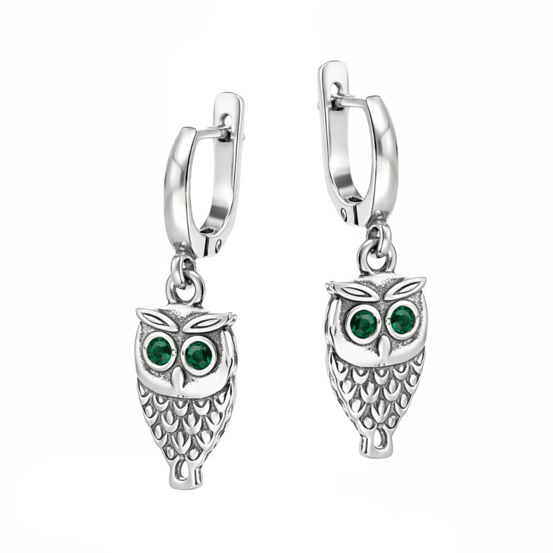 Kolczyki sowa oksydowana z oczami z cyrkonii zielonej srebro 925