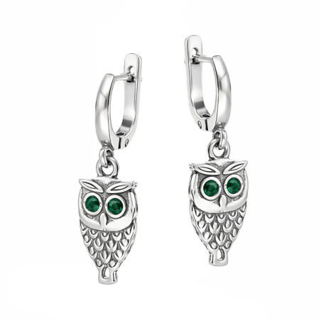 Kolczyki sowa oksydowana z oczami z cyrkonii zielonej srebro 925
