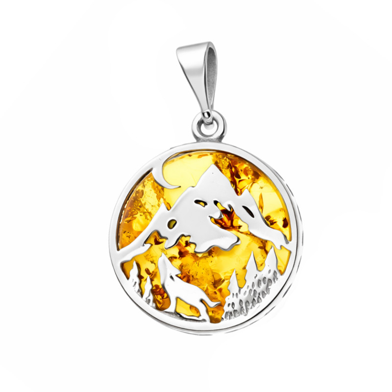 Srebrna Zawieszka Bursztyn Krajobraz z Wilkiem - JubilerSezam.pl