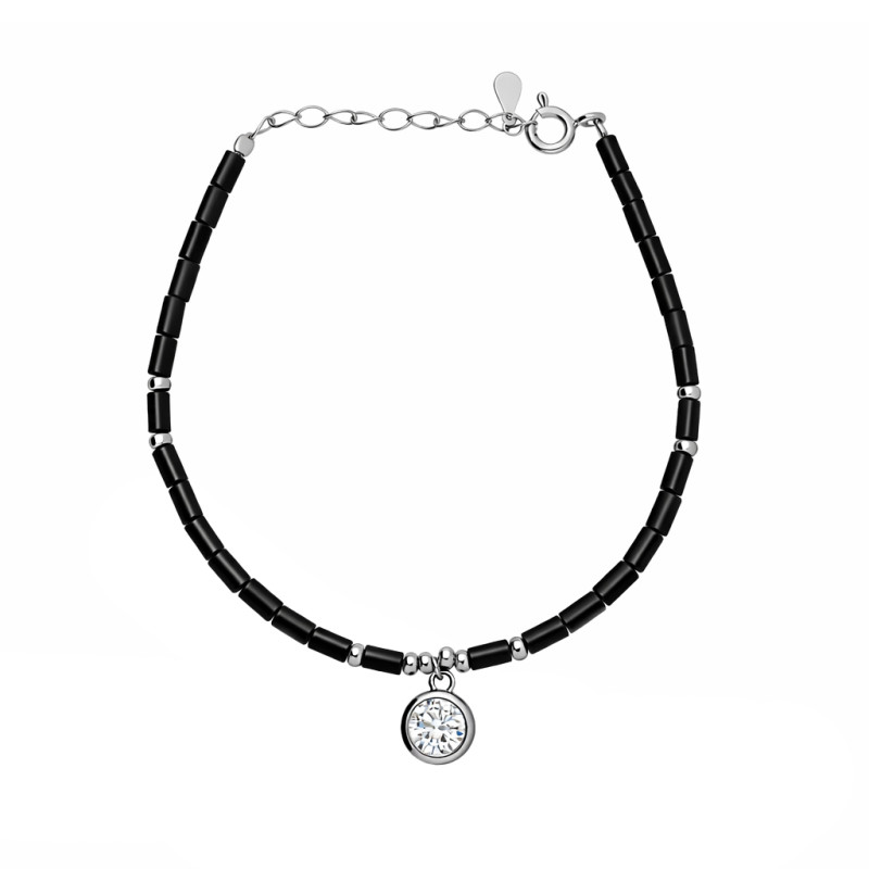 Bransoleta srebrna z cyrkonią i czarnymi walcami z ceramiki jubilerskiej