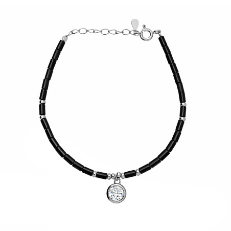 Bransoleta srebrna z cyrkonią i czarnymi walcami z ceramiki jubilerskiej