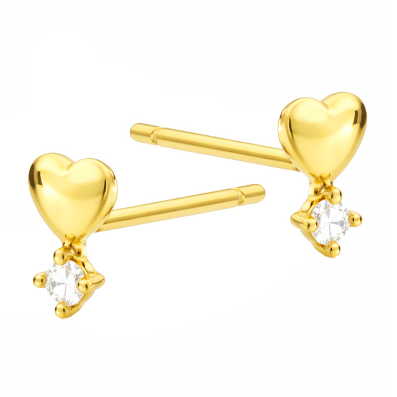 Kolczyki srebrne koloru złotego z gładkim sercem i cyrkonią