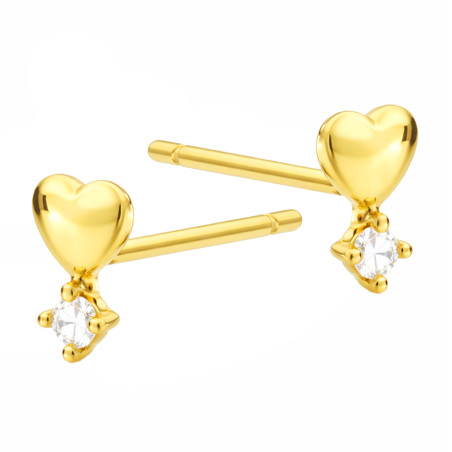Kolczyki srebrne koloru złotego z gładkim sercem i cyrkonią