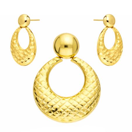 Komplet złotej biżuterii kolczyki i wisiorek ze złota diamentowanego 585