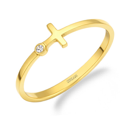 Pierścionek z krzyżem bokiem i cyrkonią ze złota 585