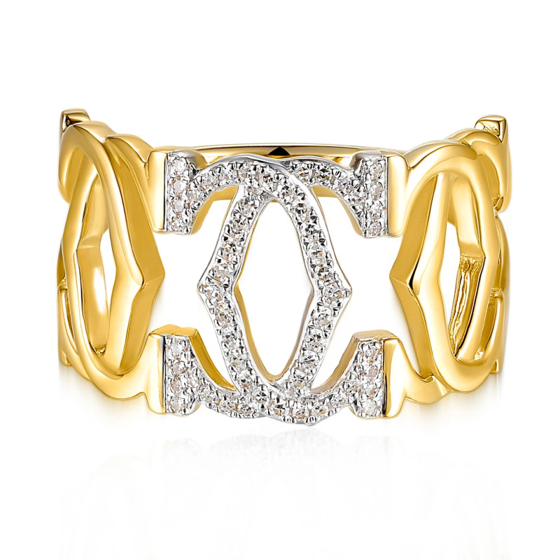 Pierścionek z diamentami na splecionych literach C, diamenty 0,13 ct, złoto 585