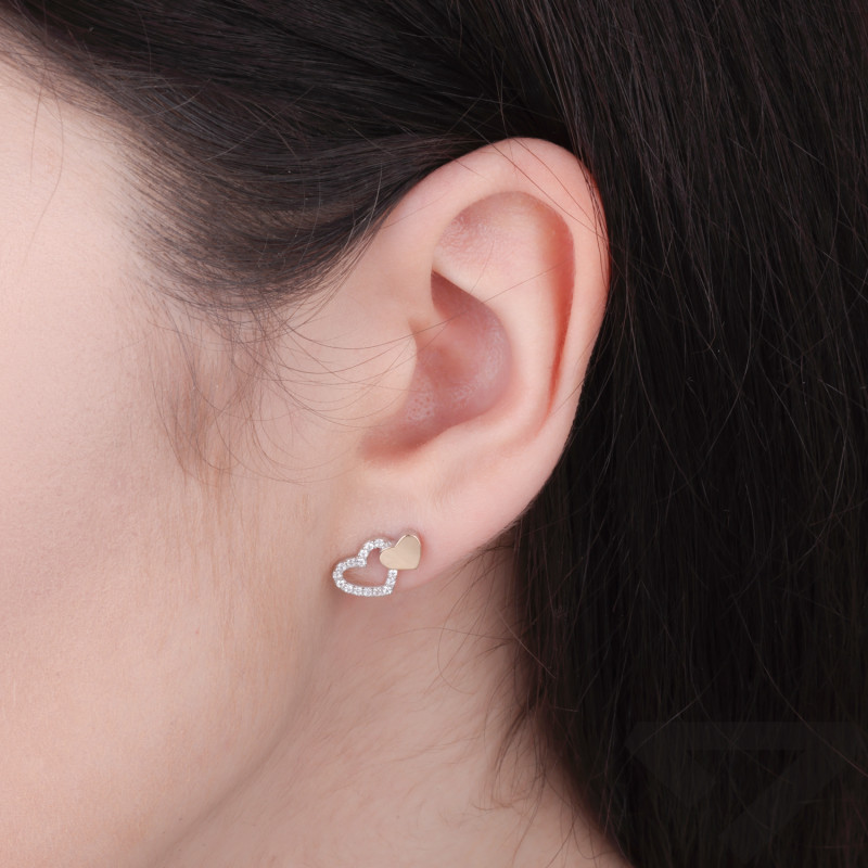 Kolczyki srebrne próby 925 serce z cyrkoniami i serce z blaszką ze złota 375