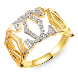 Pierścionek z diamentami na splecionych literach C, diamenty 0,13 ct, złoto 585