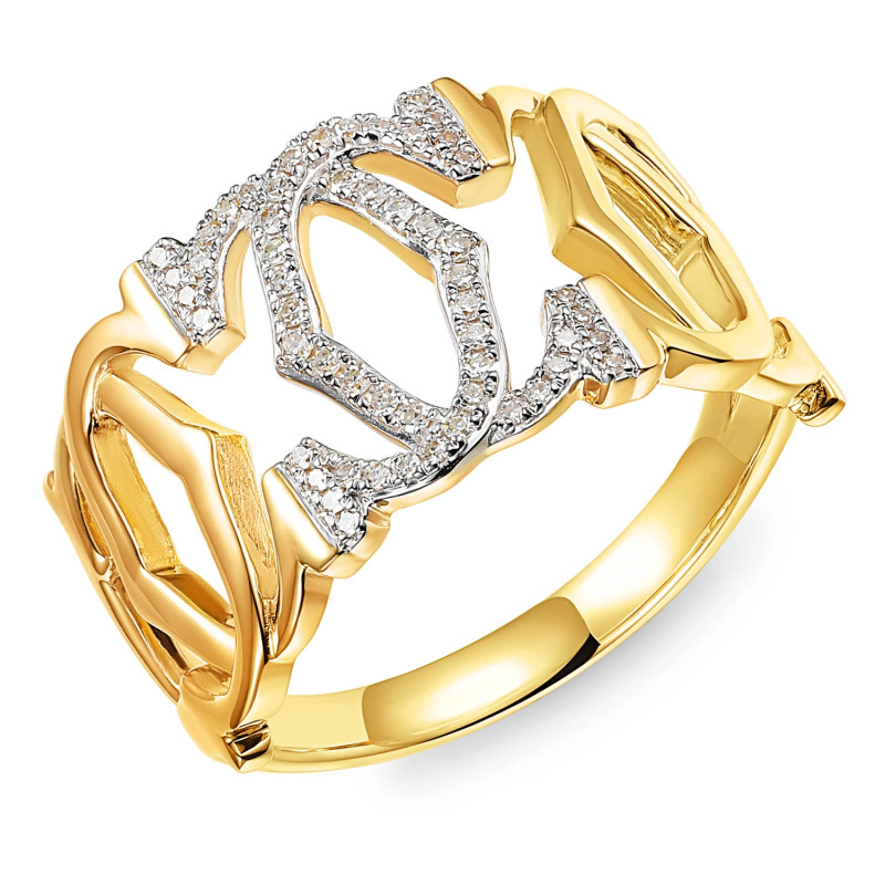 Pierścionek z diamentami na splecionych literach C, diamenty 0,13 ct, złoto 585