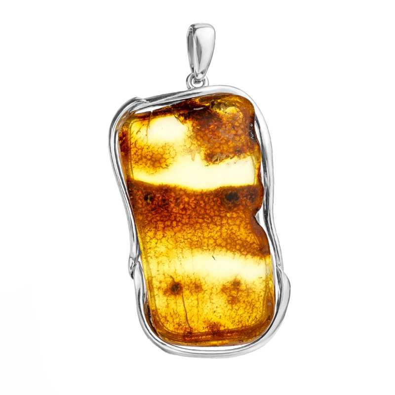 Wisior z bursztynem miodowym z mchem, srebrna oprawa próby 925