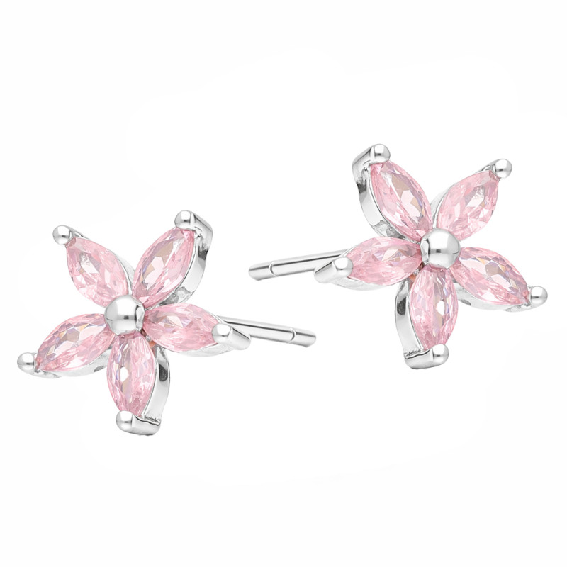 Kolczyki kwiatki cyrkonia jasno różowa, srebro 925