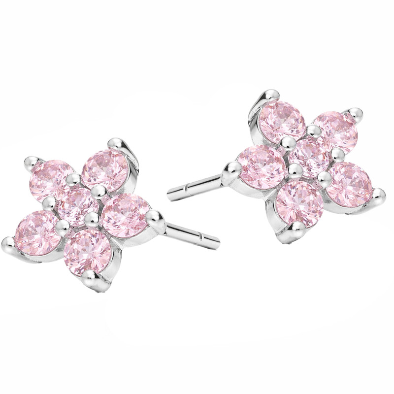 Kolczyki kwiatki z różową cyrkonią, srebro 925
