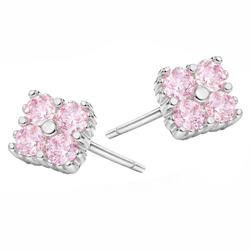 Kolczyki koniczynki z cyrkoniami jasno różowymi, srebro 925