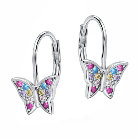 Kolczyki srebrne dla dziewczynki motylki z kolorowymi cyrkoniami, próba 925