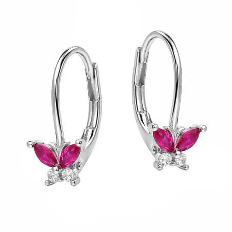 Kolczyki motylki z cyrkoniami białymi i ciemno różowymi, srebro 925