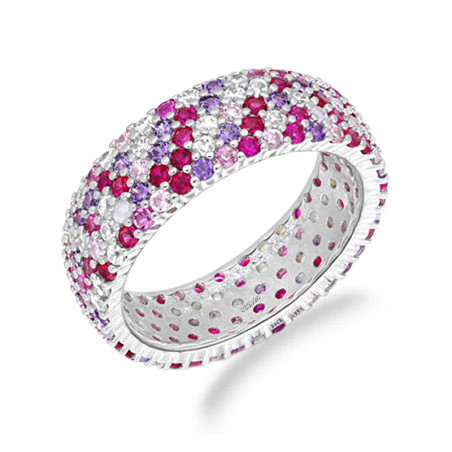 Pierścionek obrączkowy z pięcioma rzędami kolorowych cyrkonii, srebro 925