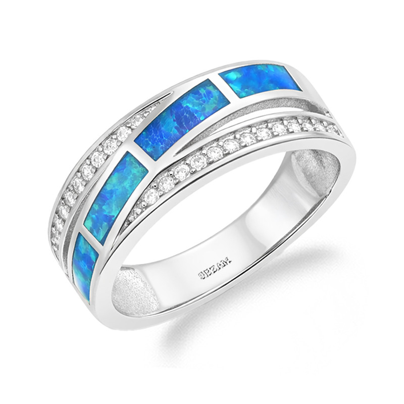 Pierścionek srebrny z cyrkonie z opalem niebieskim jubilerskim, srebro 925