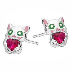 Kolczyki dla dziecka kot z cyrkonią różową w kształcie serca, srebro 925