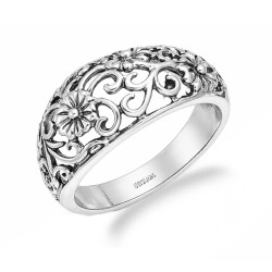 Pierścionek srebrny z kwiatowym ornamentem, srebro 925