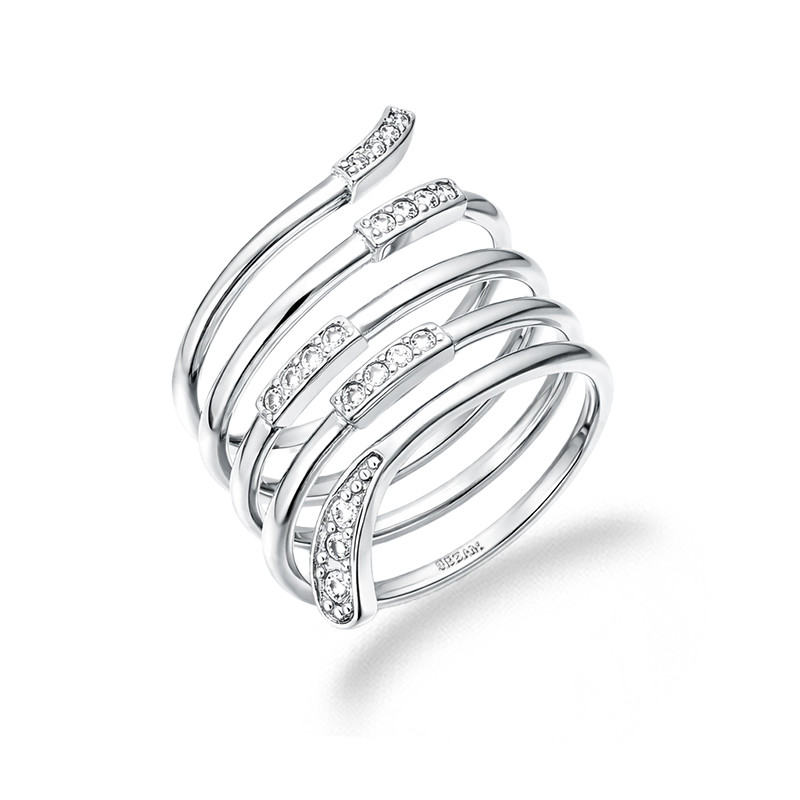 Pierścionek srebrny spiralny wąż z cyrkoniami, srebro 925