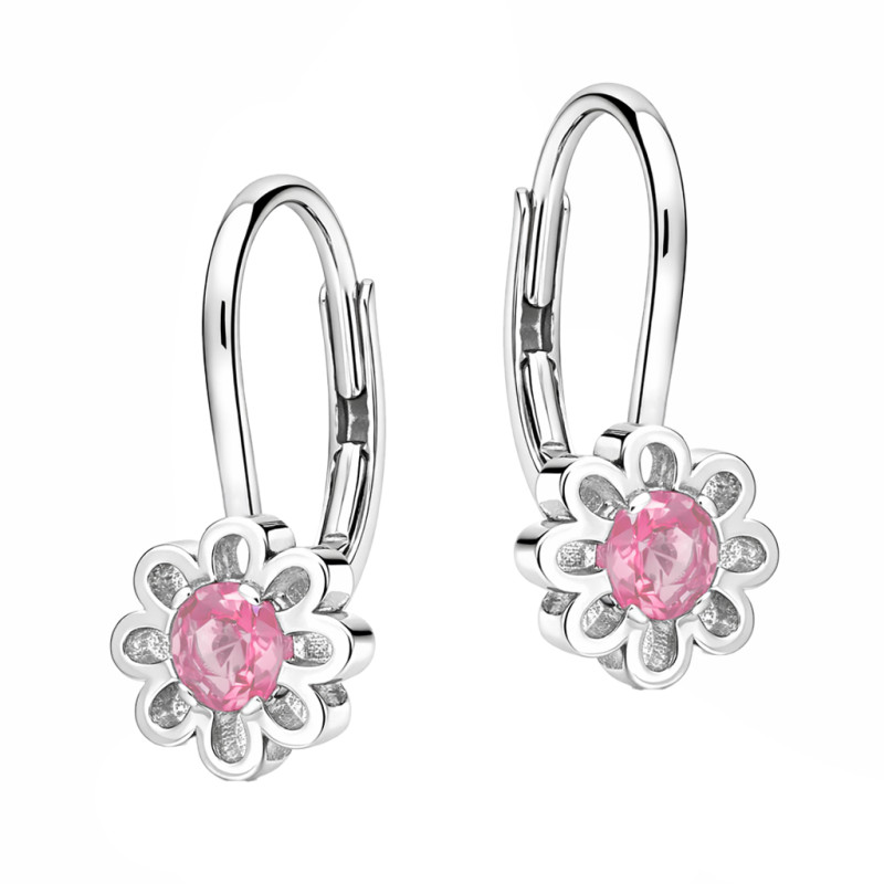 Kolczyki dal dziewczynki kwiatki z cyrkonią jasno różową, srebro 925