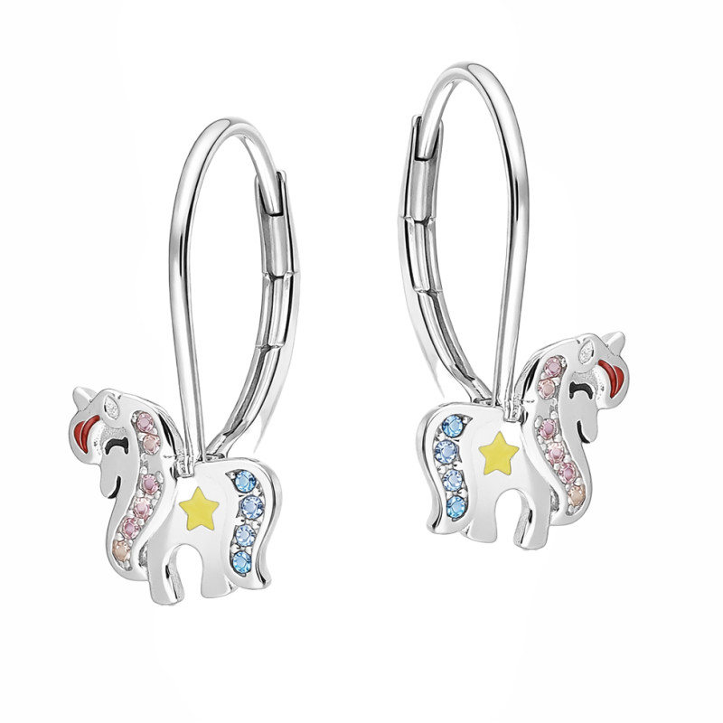 Kolczyki dla dziewczynki jednorożec z crykoniami i emalią, srebro 925