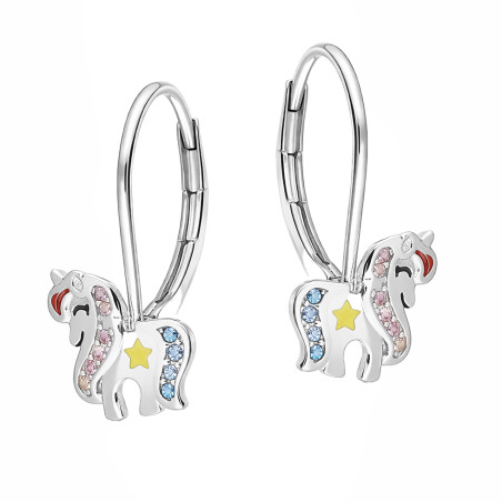 Kolczyki dla dziewczynki jednorożec z crykoniami i emalią, srebro 925