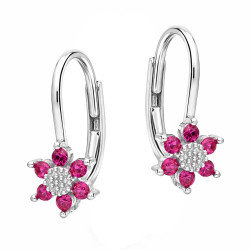 Kolczyki dla dziewczynki kwiatki z ciemno różowymi cyrkoniami, srebro 925