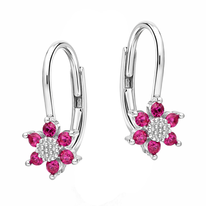 Kolczyki dla dziewczynki kwiatki z ciemno różowymi cyrkoniami, srebro 925